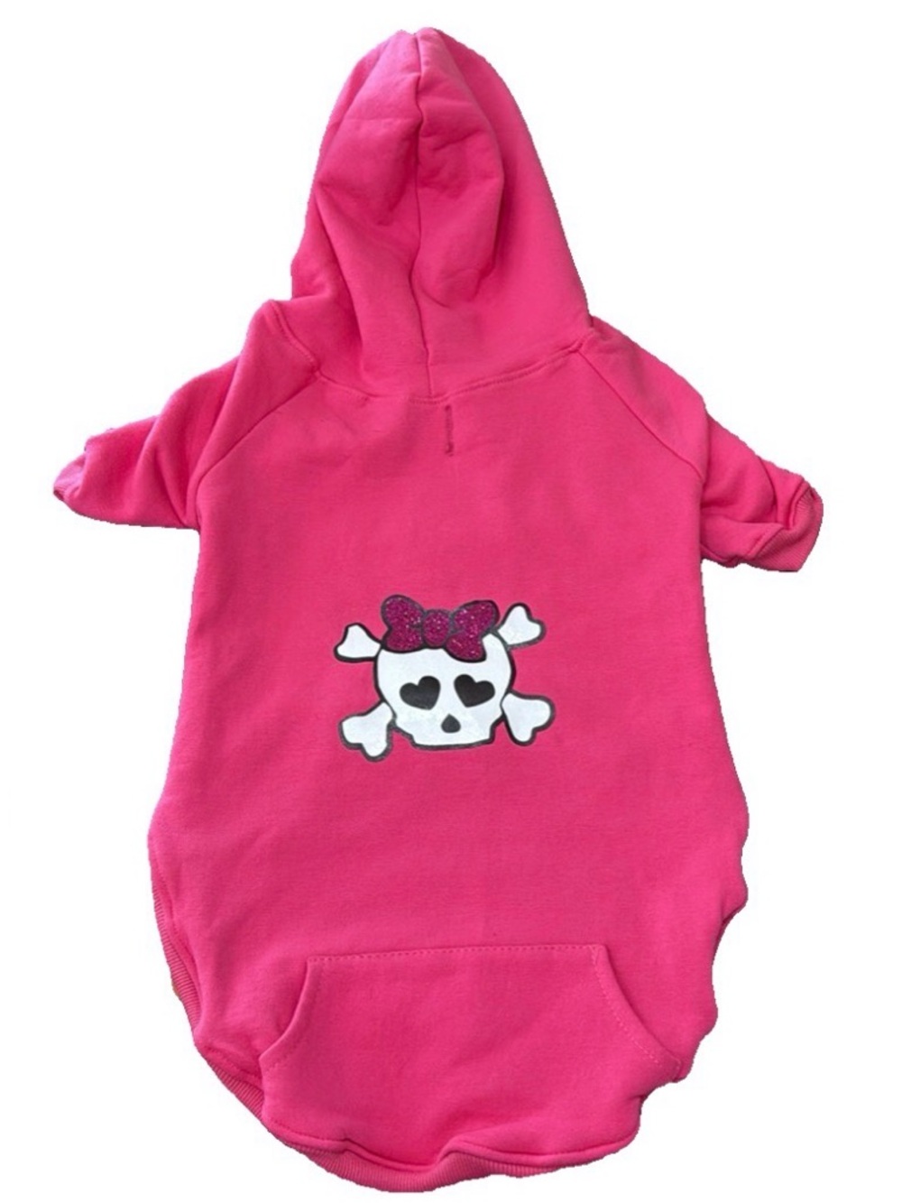 DOG HOODIE PINK FLEECE LINED HOOD POCKET SKULL GLITTER BOW GRAPHIC